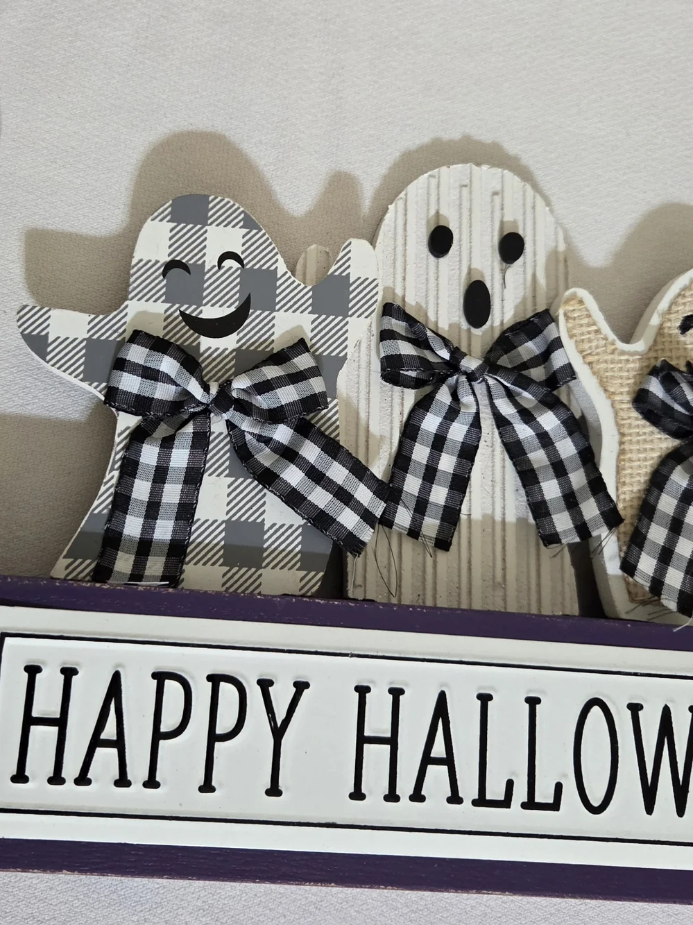 Festive Black & White Ghost Halloween Wood Block Sign Purple, White, And Grey